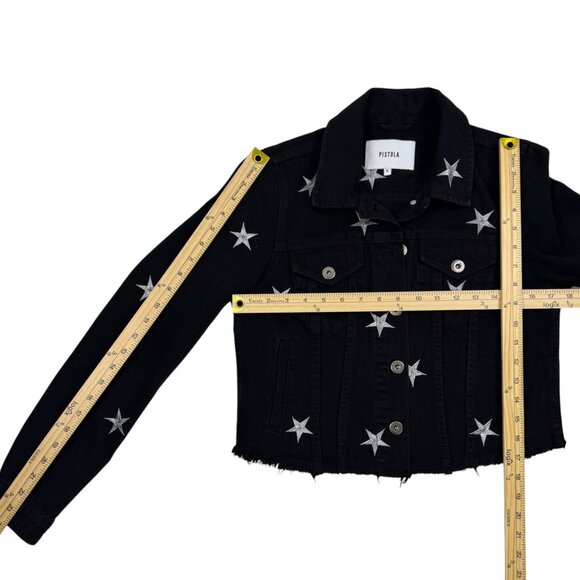 PISTOLA Star Embroidered Denim Jacket S Black Raw Hem Silver Stars Jean Jacket - Picture 2 of 8